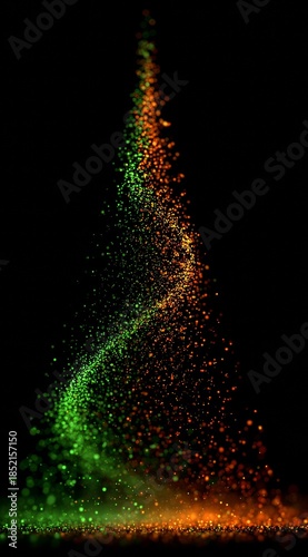 Sparkling Christmas tree illustration made of colorful light particles against a dark background
