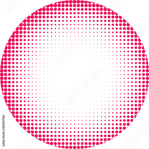 Abstract vibrant magenta halftone circle graphic design element featuring densely packed small dots gradually fading toward a bright white center creating a radial gradient effect for modern visual pr