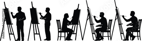 Artist painting silhouettes set, male and female painters working on easels, creative art process, studio illustration isolated