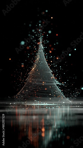 Sparkling Christmas tree illustration with vibrant colors and glowing lights against dark background