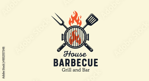 Vintage logo for a 'House Barbecue Grill and Bar' featuring a flaming charcoal grill with a crossed fork and spatula emblem.