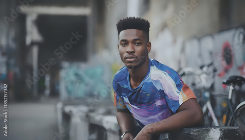 A random photo effect of a young African-American man with an athletic build, wearing a tank top, in a fashionable, stylized street style. Elegant, calm.