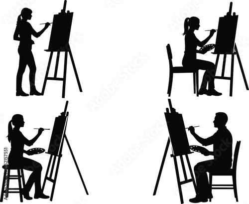 Artist painting silhouettes collection, men and women working on easels, creative studio activity, fine art process illustration