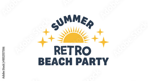 Cheerful retro logo for a 'Summer Retro Beach Party' featuring a rising sun and sparkling stars in a vintage color palette.