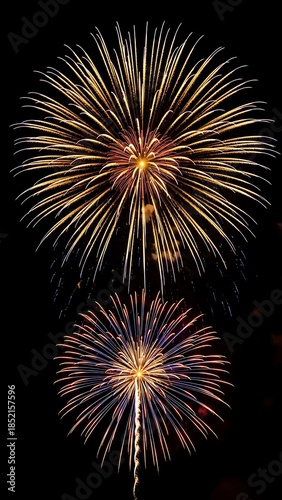 A vibrant display of fireworks illuminates the night sky with golden and colorful bursts of light Mobile WallPaper Background Image