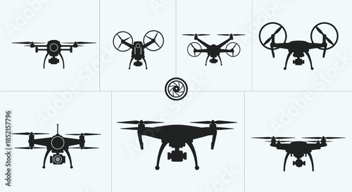 A collection of seven different modern drone silhouettes, including various quadcopter designs with cameras for aerial photography.