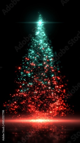 Christmas tree illustration made of light particles with vibrant green and red hues glowing against black