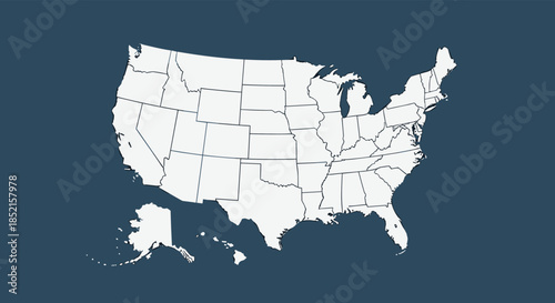 A detailed political map of the United States of America, showing all 50 states in white on a solid dark blue background.