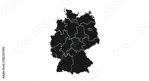 A solid black silhouette map of Germany showing the borders of its individual federal states, isolated on a white background.