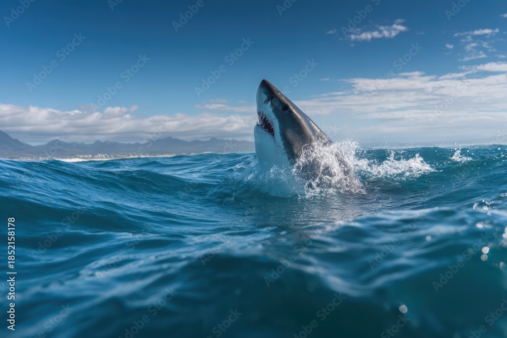 Fototapeta premium Shark fin above water in deep sea