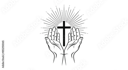 A pair of open hands gently holds a Christian cross with radiant light beams emanating from it in a simple line art style.
