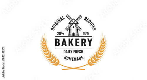 A classic, circular bakery logo featuring a windmill and a wreath of wheat, signifying fresh, homemade original recipes.