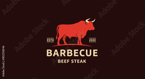 A strong and simple logo for a barbecue beef steak restaurant, featuring a bold red bull silhouette on a dark background.