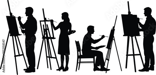 Artists painting on easels silhouettes set, male and female painters working, creative art studio activity, black figures isolated on white background