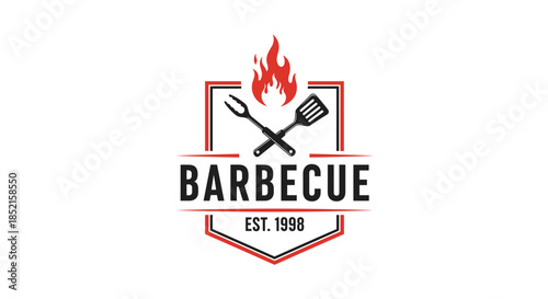 A modern and clean barbecue logo featuring a shield emblem with a flame and crossed fork and spatula inside a shield.