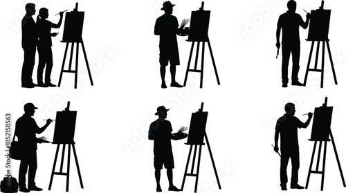 Artist silhouettes painting on easels, creative men working alone and together, art studio activity poses, black illustration isolated on white background