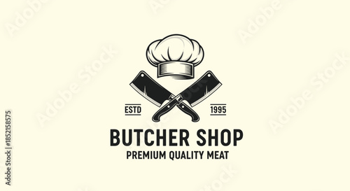 A classic butcher shop logo with a chef's hat and crossed meat cleavers, signifying premium quality meat since 1995.