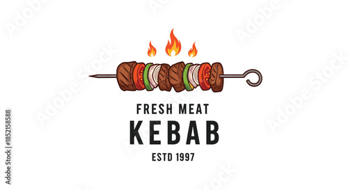 A detailed and appetizing logo for a fresh meat kebab shop, featuring a grilled skewer of meat and vegetables over flames.