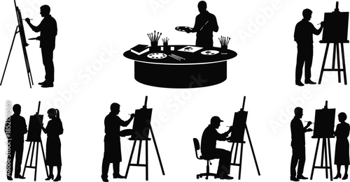 Artists painting silhouettes set, painters working on easels, creative art studio scenes, professional male and female artists isolated on white background