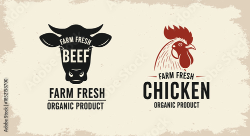 Two vintage-style logos for farm fresh organic products, one featuring a cow head for beef and one with a rooster for chicken.