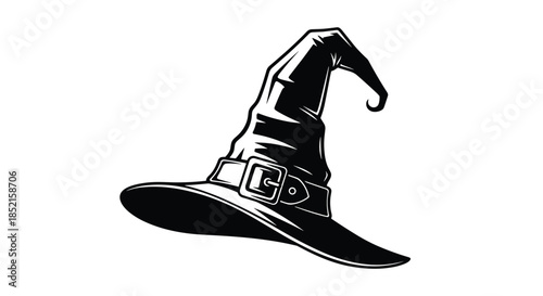 A classic black witch or wizard hat with a pointed, curled tip and a buckle, illustrated in a bold, monochrome style.