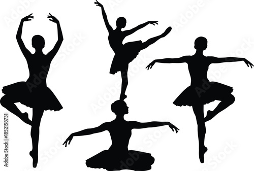 Ballet dancer silhouettes, classical dance poses, graceful female performers, artistic movement concept, elegant black white ballet illustration