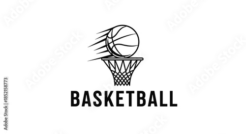 A dynamic black and white logo for basketball, featuring a ball with motion lines flying into a hoop and net.