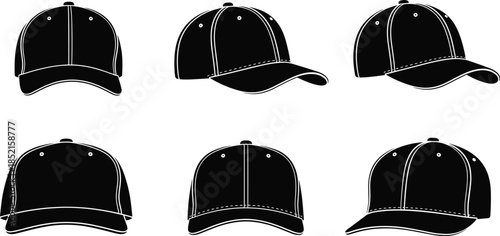Baseball cap silhouette set, black sport hat front side angle views, headwear design collection, minimalist vector illustration