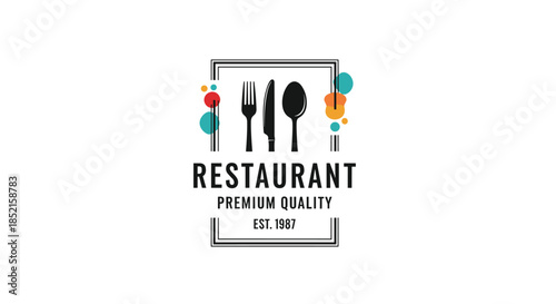 A vibrant and modern restaurant logo with cutlery silhouettes inside a frame, accented by colorful dots for a festive feel.