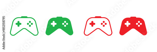 Two green and two red video game controllers Isolated On Transparent Background