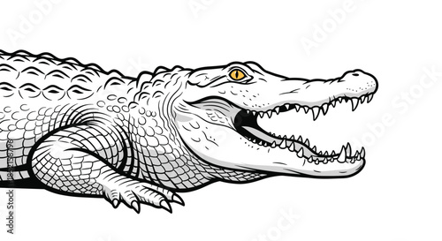 A detailed black and white illustration of an alligator or crocodile head with its powerful jaws wide open, showing sharp teeth.
