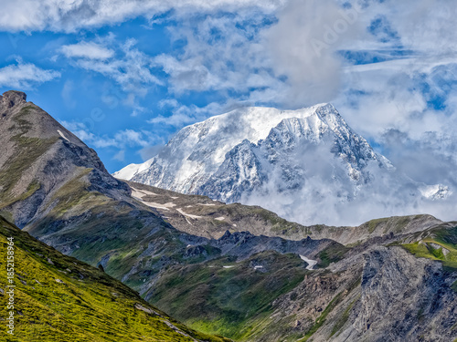 Snow-capped Mont Blanc peak dominating the French Alps landscape