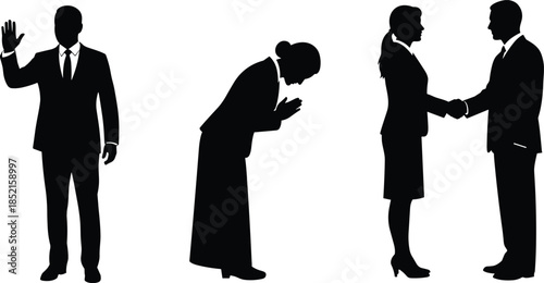 Business greeting silhouettes, waving, respectful bowing, professional handshake, corporate etiquette, formal communication, minimalist black vector illustration