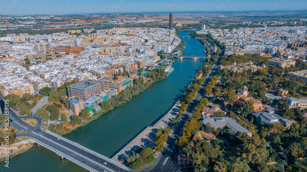 Obraz premium Aerial view of the city of Seville, Spain on a normal day