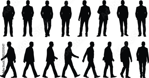 Businessman silhouette collection, men in suits standing and walking poses, professional corporate people figures, black human silhouettes isolated on white background