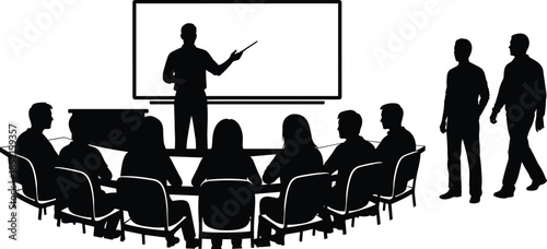 Business presentation meeting silhouettes, speaker explaining on board, corporate training teamwork discussion, professional people attending conference isolated on white background