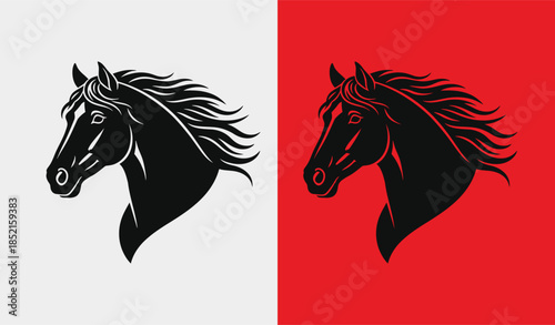Contrasting horse heads on red and white backgrounds