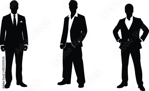Businessman silhouette set, men in suits standing confident poses, professional corporate style figures, black human silhouettes isolated on white background