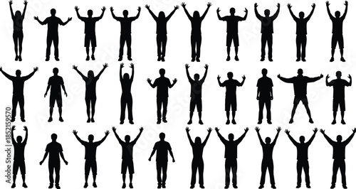 Celebrating people silhouettes set, men jumping and cheering poses, raised hands expressions, joyful human figures isolated on white background