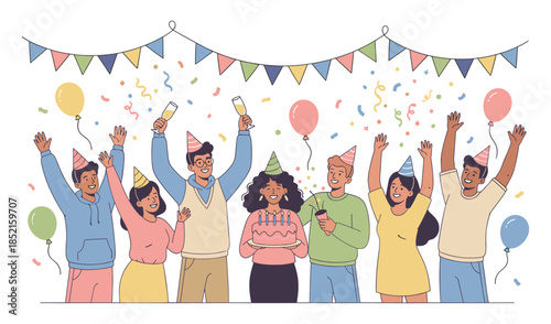 Diverse group celebrating a birthday with cake and party hats