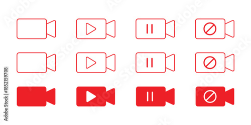 Red video camera icons in different states symbol play Isolated On Transparent Background