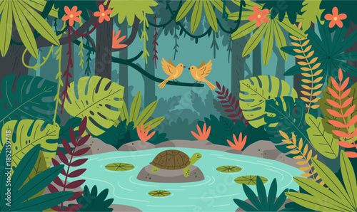 Jungle scene with a turtle in a pond and birds on a branch