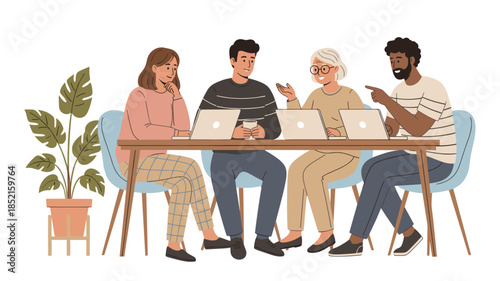 Diverse group of people working together at a table with laptops
