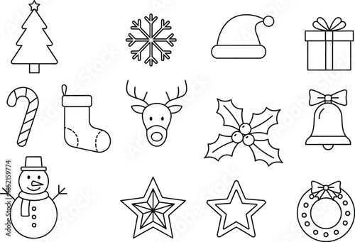 A collection of minimalist Christmas-themed line icons is shown. The set includes a tree, a snowflake, a reindeer, and a gift