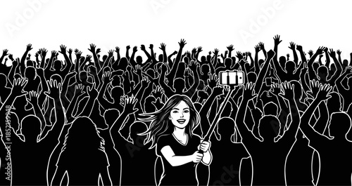 Silhouette of a crowd at a concert with a woman taking selfie