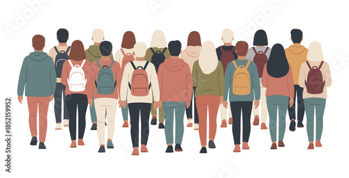 Diverse group of students walking away with backpacks