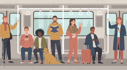 Diverse passengers on a subway train with phone and dog