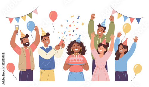 Diverse group celebrating a birthday with cake and balloons