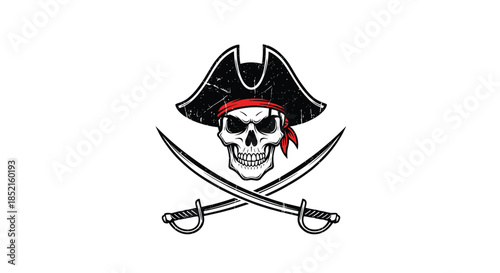 A classic pirate emblem with a skull wearing a captain's hat and red bandana, positioned over two crossed cutlass swords.