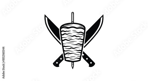 A striking black and white logo featuring a vertical rotisserie of doner kebab meat with two large crossed knives in the background.